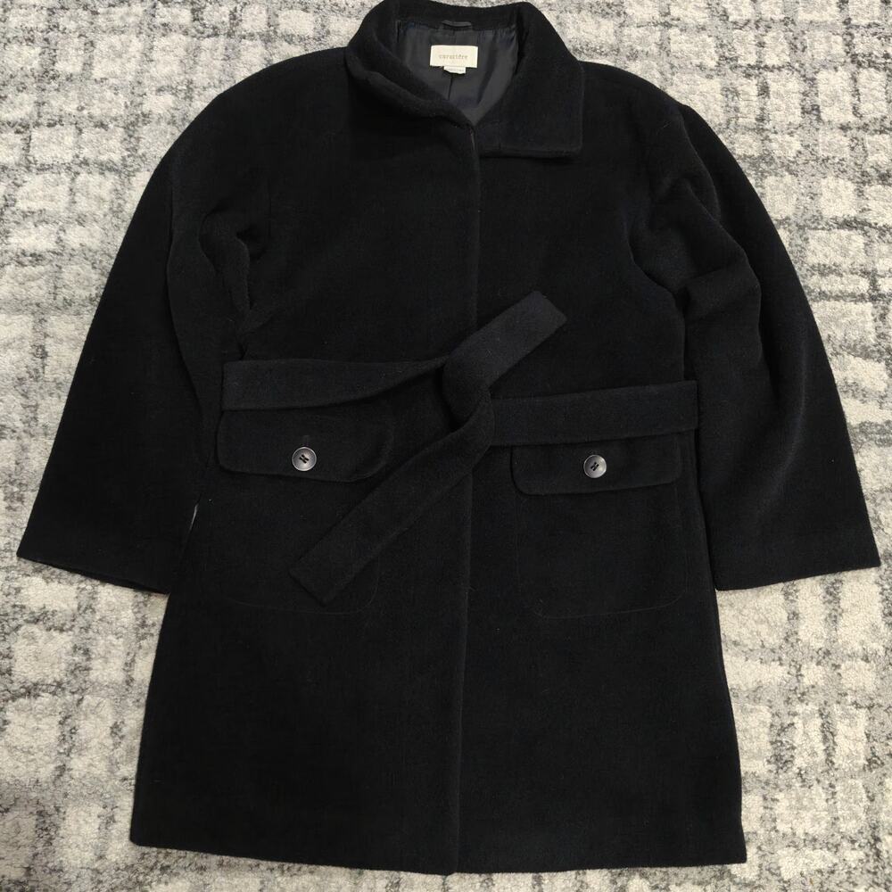 Caractere Italy Black Virgin Wool Mohair Blend Belted Trench Coat Womens US 10